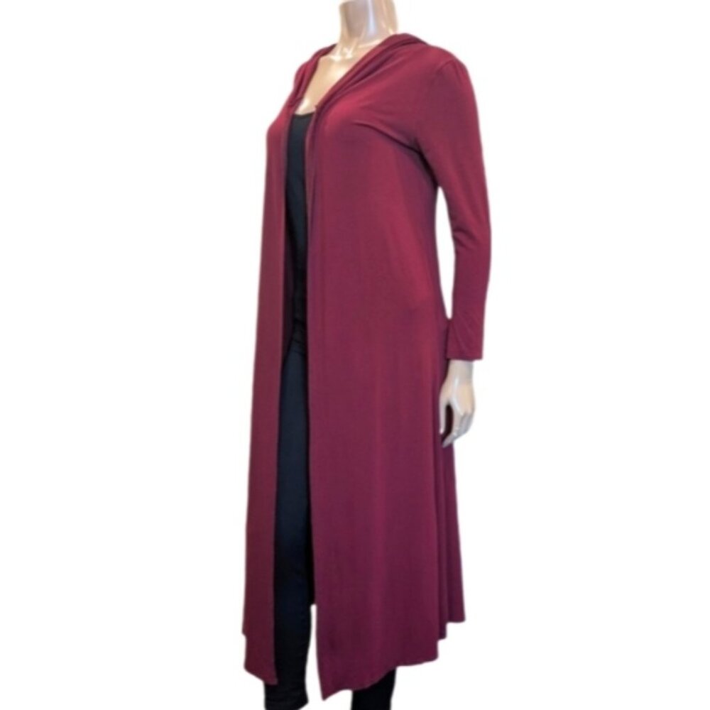 Isaac Liev Long Hooded Cardigan Duster Burgundy Flowy Draped Red Riding Hood
